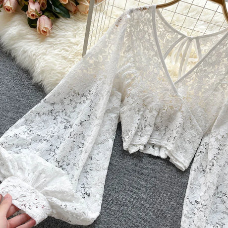 Lace Crop Top Black/White/Brown Long Lantern Sleeve
