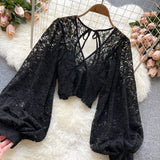 Lace Crop Top Black/White/Brown Long Lantern Sleeve