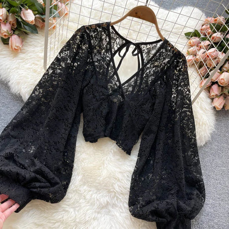 Lace Crop Top Black/White/Brown Long Lantern Sleeve