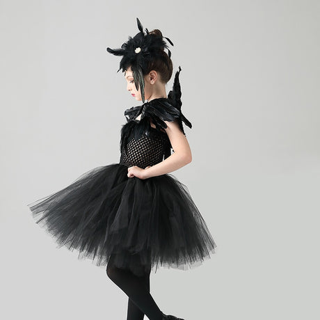 Black Swan Tulle Tutu Dress with Feather Wings and Hair Clip Halloween Costume