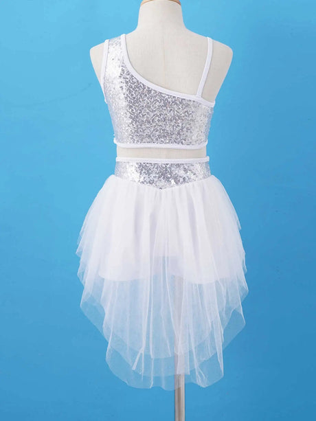 Sequins Ballet Dance Set Girls Crop Top Skirted Shorts Stage Dance Costumes