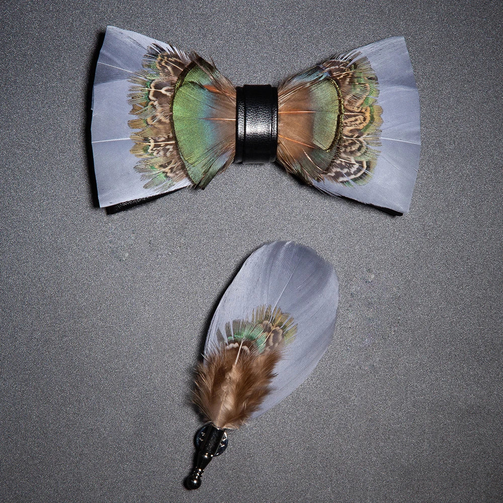Men's Bow Tie & Pin Set Handmade Natural Feather Gift Box