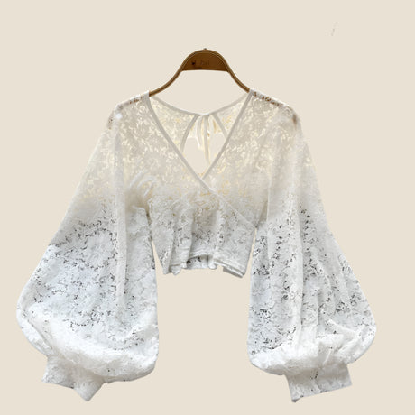 Lace Crop Top Black/White/Brown Long Lantern Sleeve
