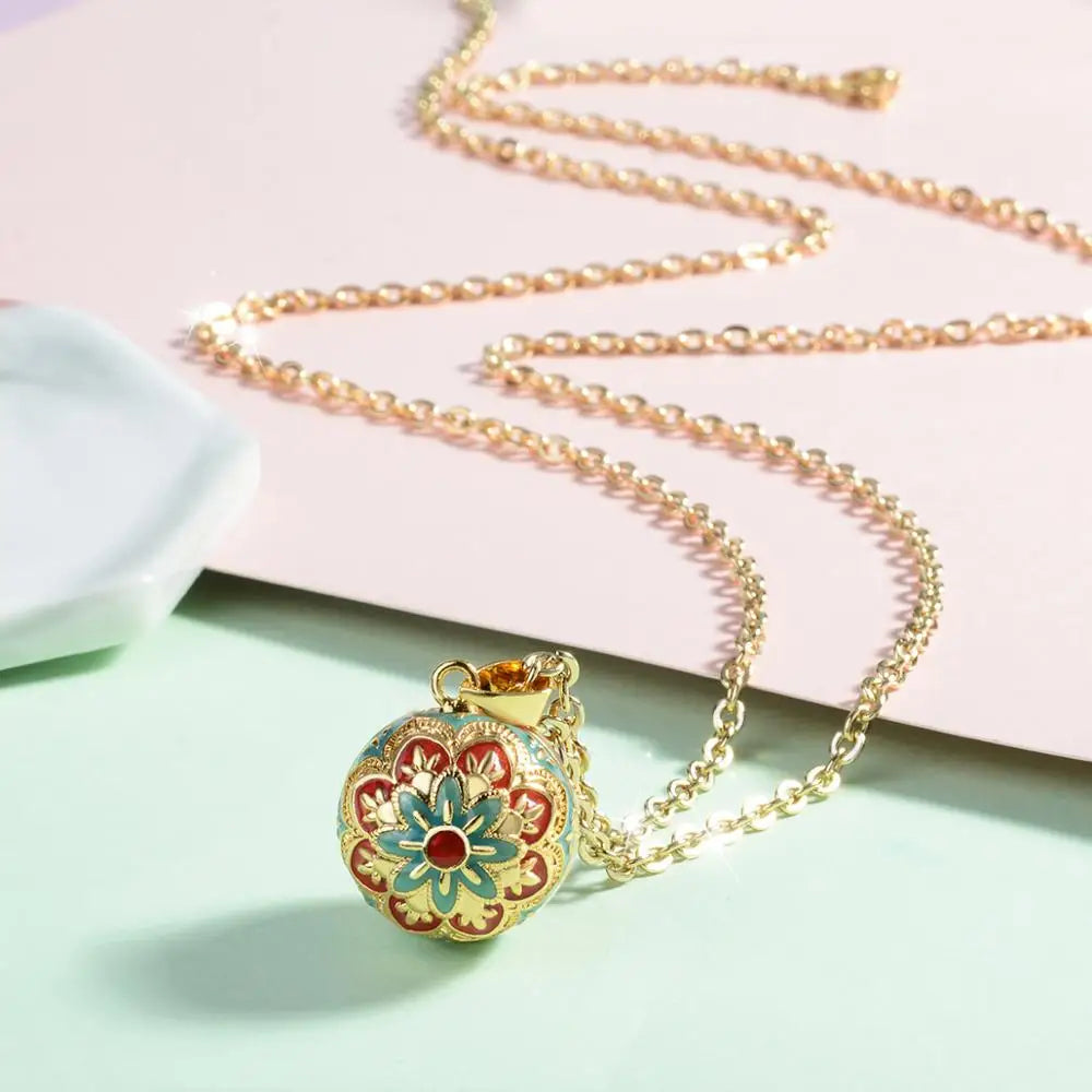 Flower Bell  Enamel Harmony Sound Ball Mexican Bola Pendant Necklace