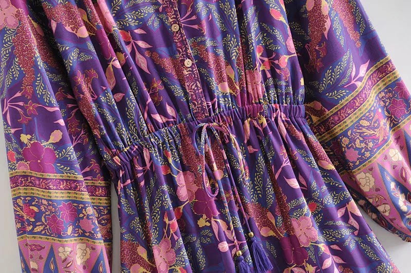 Elhiza's Purple Boho Mini Dress Lantern Sleeve