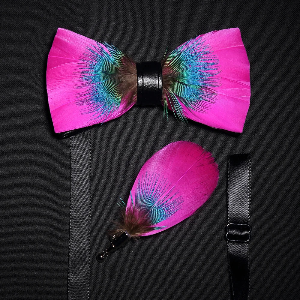 Men's Bow Tie & Pin Set Handmade Natural Feather Gift Box