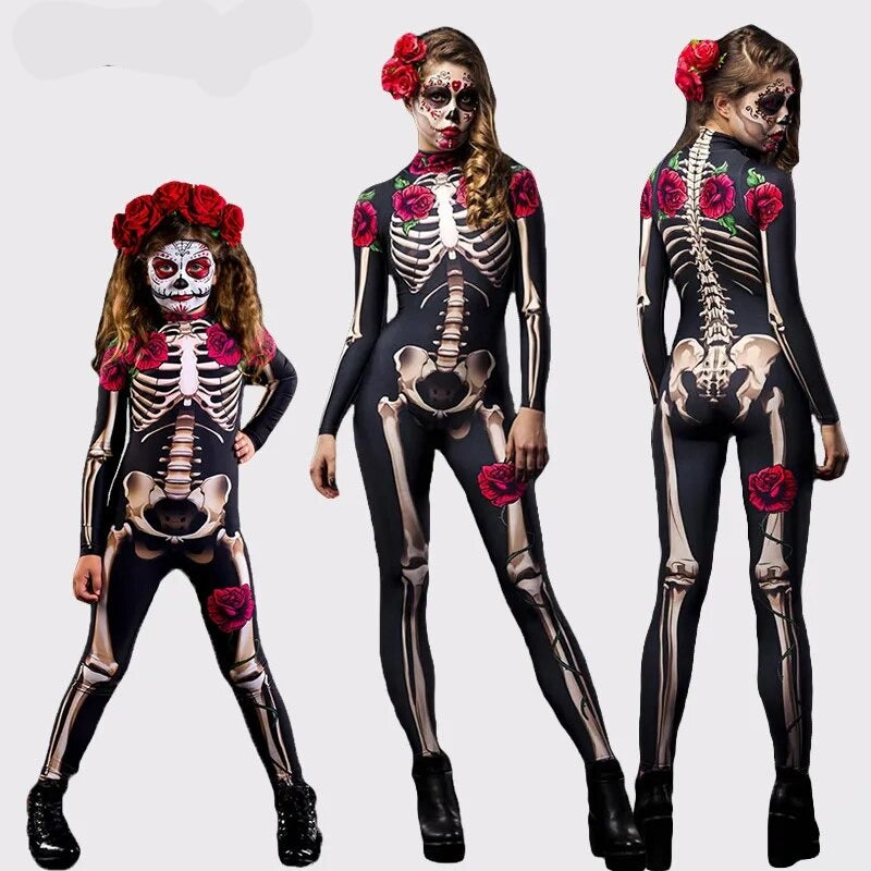Day of the Dead Skeleton Bodycon Halloween Costume Adult Kids One Piece Rose Bodysuit