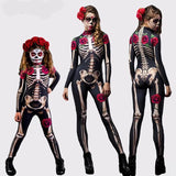 Day of the Dead Skeleton Bodycon Halloween Costume Adult Kids One Piece Rose Bodysuit