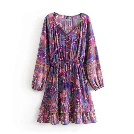 Elhiza's Purple Boho Mini Dress Lantern Sleeve
