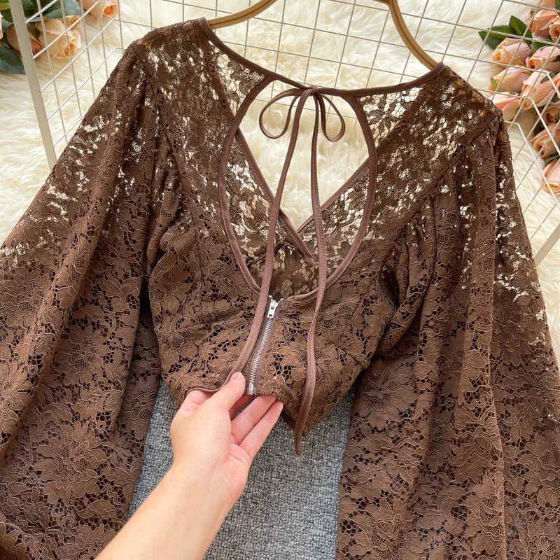 Lace Crop Top Black/White/Brown Long Lantern Sleeve