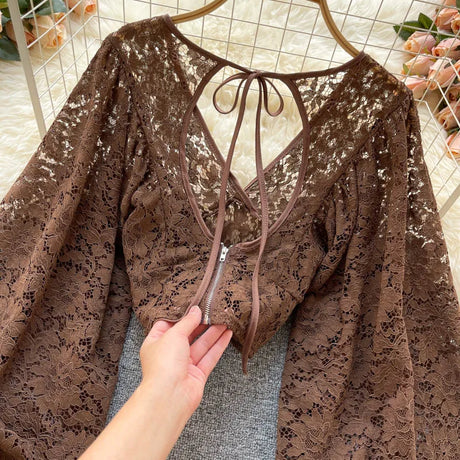 Lace Crop Top Black/White/Brown Long Lantern Sleeve