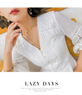 Dove's White Boho Lantern Sleeve Cotton Lace Dress