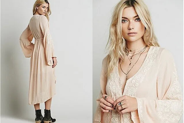 Laney's Long Sleeve Vintage Embroidered Cotton Boho Dress