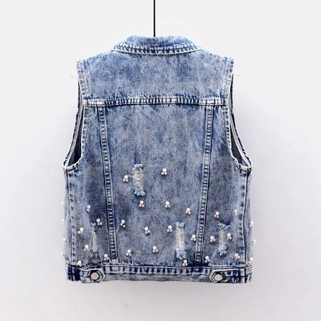 Beaded Denim Vest Sleeveless Jacket