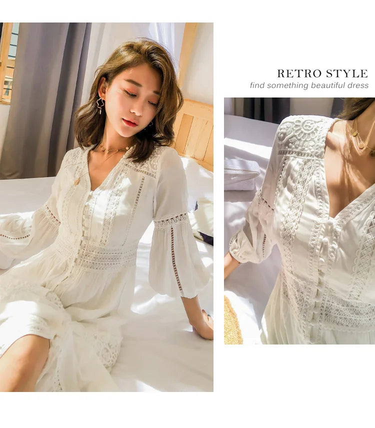 Dove's White Boho Lantern Sleeve Cotton Lace Dress