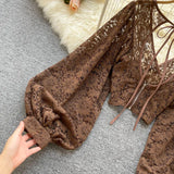 Lace Crop Top Black/White/Brown Long Lantern Sleeve