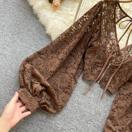 Lace Crop Top Black/White/Brown Long Lantern Sleeve