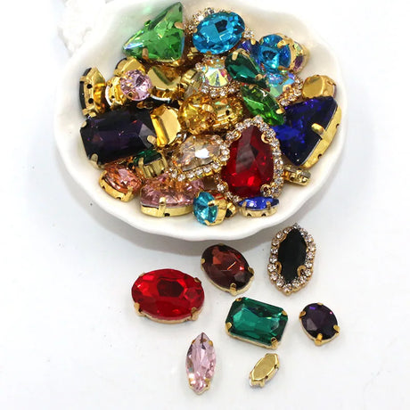 50pcs/Bag Shiny Mixed Shape Sew On Glass Rhinestone Gold Claw Crystal Buckle DIY Decoration 24 Colours