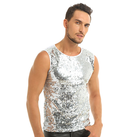 Mens Sequinned Tank Tops Festival Rave Party Clubwear