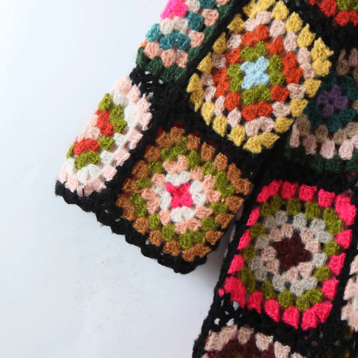 Granny Square Hand Crochet Mohair Hooded Long Cardigan