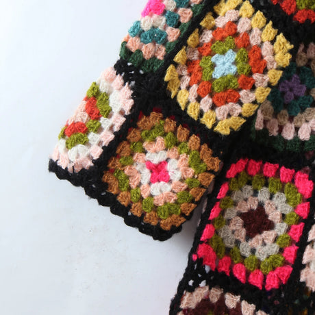 Granny Square Hand Crochet Mohair Hooded Long Cardigan