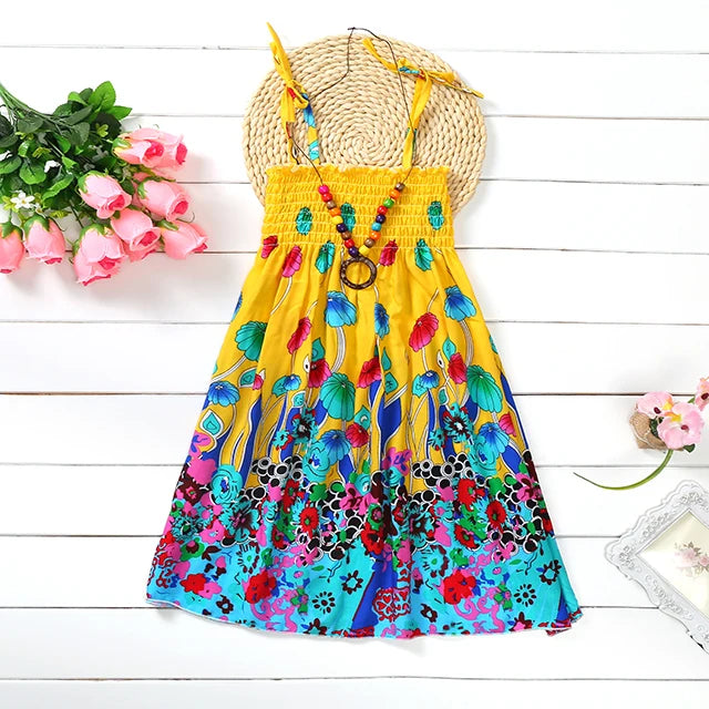 Summer Boho Girls Beach Dress 2 - 12 Years With Necklace Gift