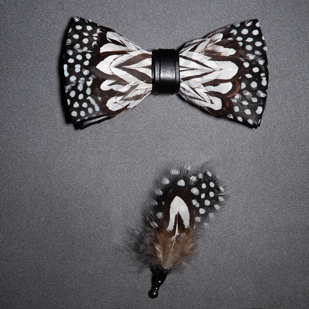 Men's Bow Tie & Pin Set Handmade Natural Feather Gift Box