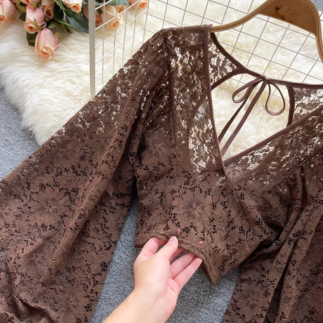 Lace Crop Top Black/White/Brown Long Lantern Sleeve