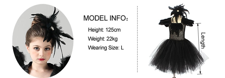 Black Swan Tulle Tutu Dress with Feather Wings and Hair Clip Halloween Costume