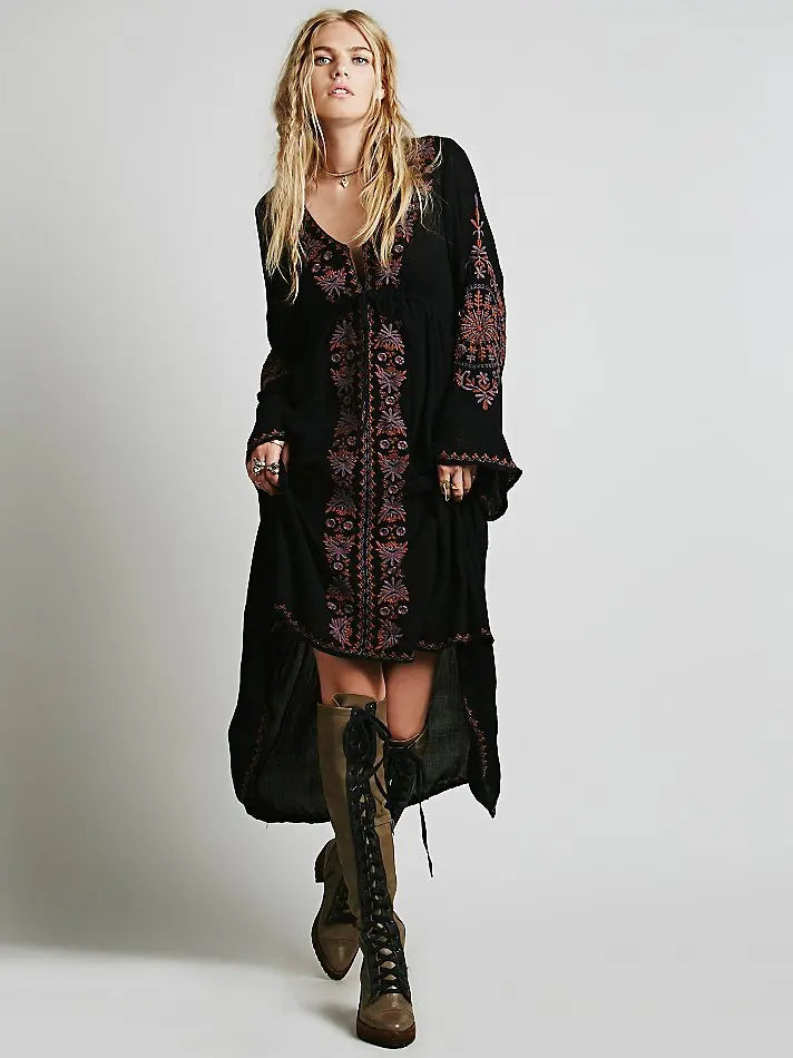 Laney's Long Sleeve Vintage Embroidered Cotton Boho Dress