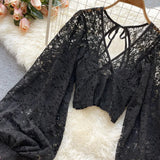 Lace Crop Top Black/White/Brown Long Lantern Sleeve
