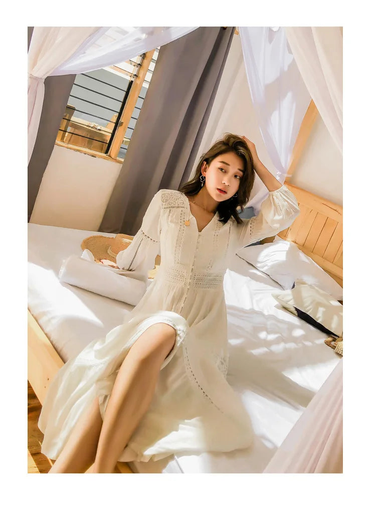 Dove's White Boho Lantern Sleeve Cotton Lace Dress