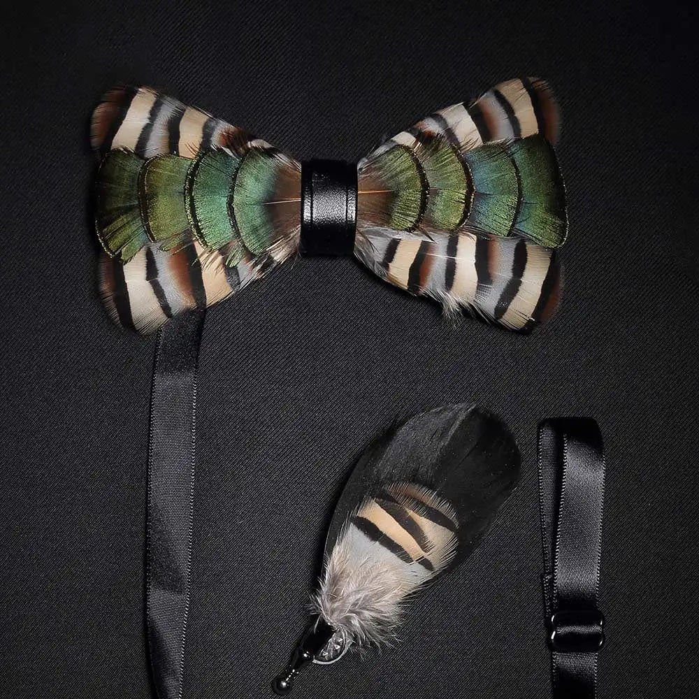 Men's Bow Tie & Pin Set Handmade Natural Feather Gift Box