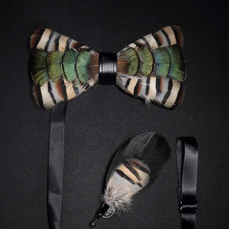 Men's Bow Tie & Pin Set Handmade Natural Feather Gift Box