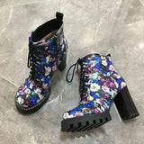 Purple Flower Print Platform Thick Heel Ankle Boots