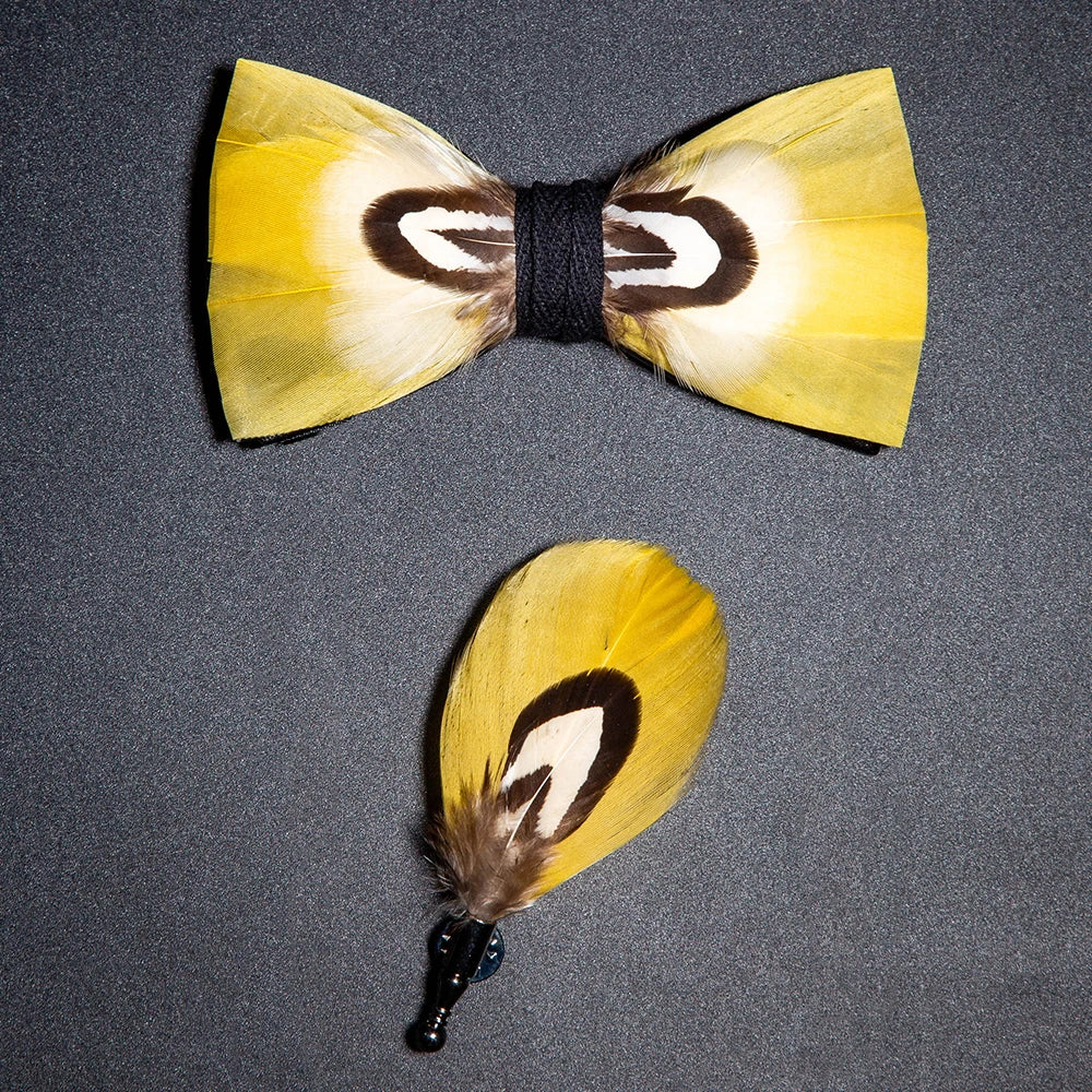 Men's Bow Tie & Pin Set Handmade Natural Feather Gift Box