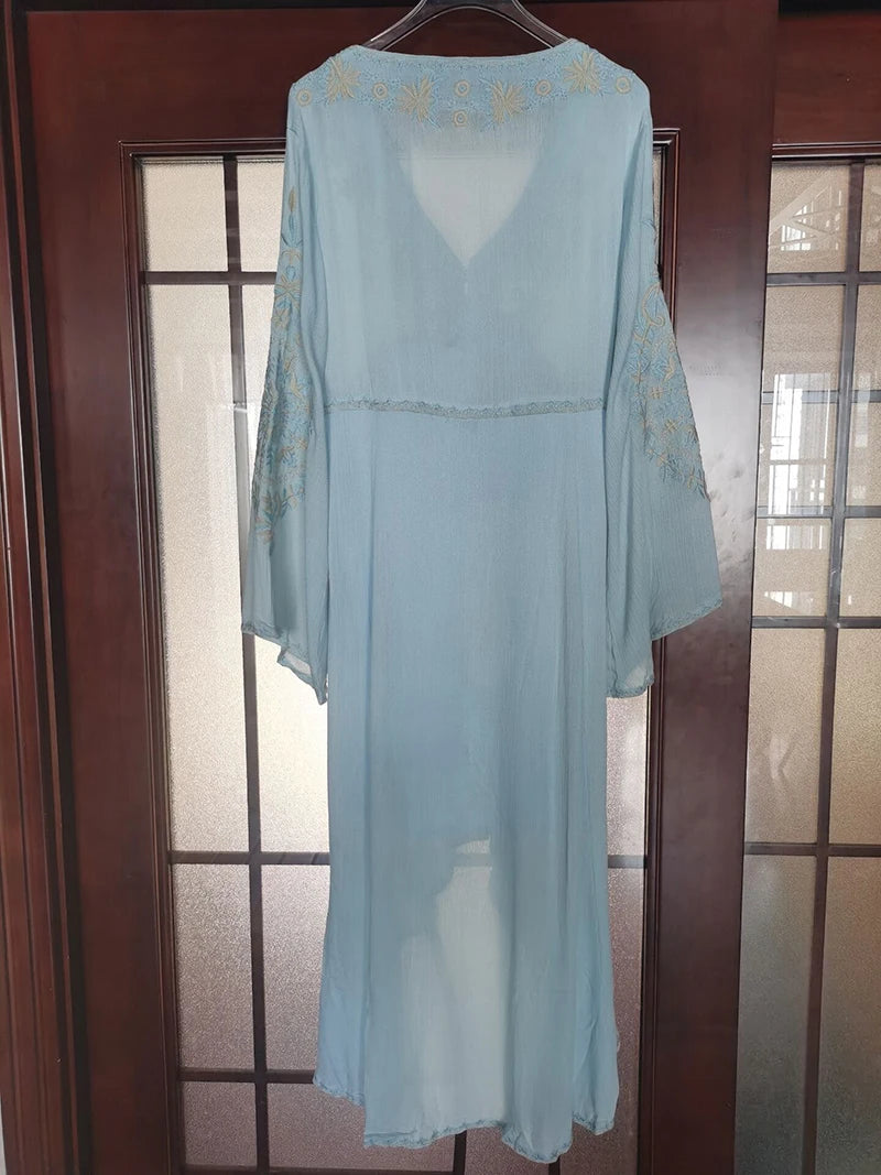 Laney's Long Sleeve Vintage Embroidered Cotton Boho Dress