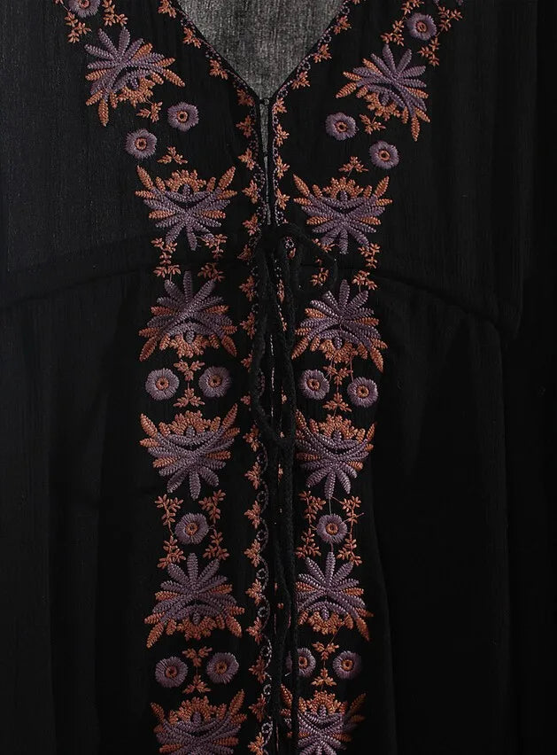 Laney's Long Sleeve Vintage Embroidered Cotton Boho Dress