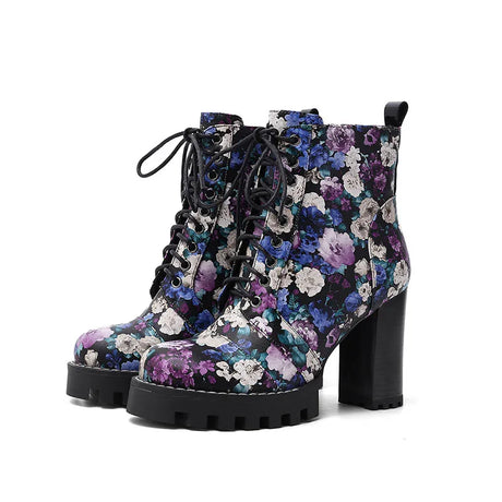 Purple Flower Print Platform Thick Heel Ankle Boots