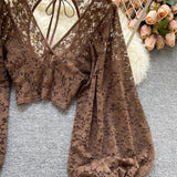 Lace Crop Top Black/White/Brown Long Lantern Sleeve
