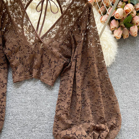 Lace Crop Top Black/White/Brown Long Lantern Sleeve
