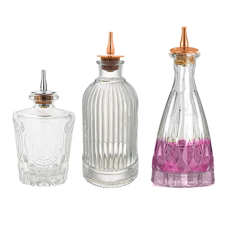 Cocktail Bitters Bottles Vintage Glass Design with Cork and Stainless Steel Dasher Tops