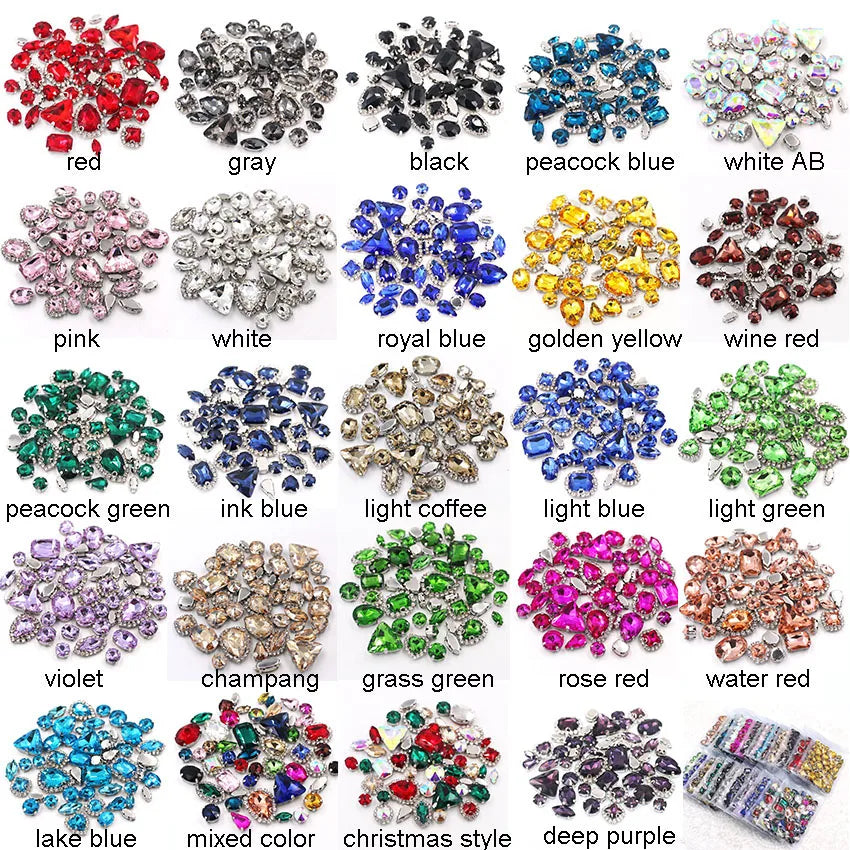 50pcs/Bag Shiny Mixed Shape Sew On Glass Rhinestone Gold Claw Crystal Buckle DIY Decoration 24 Colours
