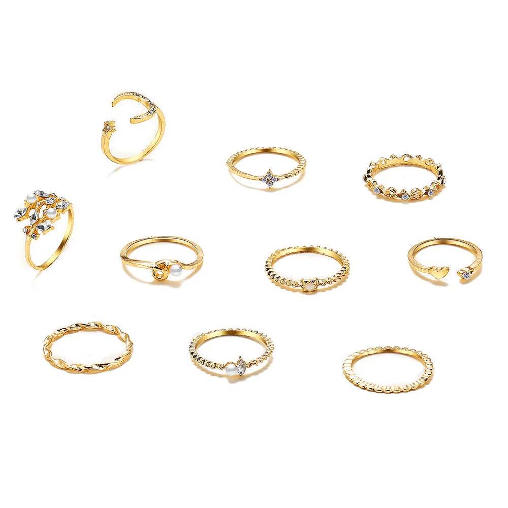 Boho Moon Heart Set of Ten Rings