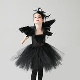Black Swan Tulle Tutu Dress with Feather Wings and Hair Clip Halloween Costume