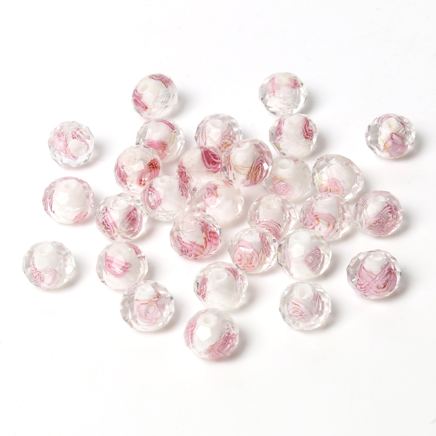 Ten Murano Lampwork Crystal Faceted Glass Beads Pink White Flower for DIY Jewellery Making