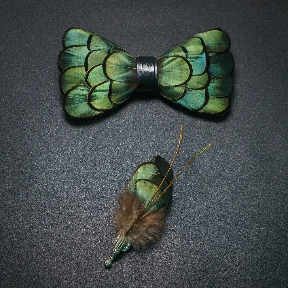 Men's Bow Tie & Pin Set Handmade Natural Feather Gift Box