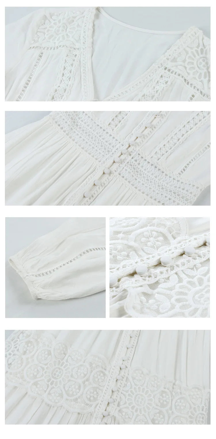 Dove's White Boho Lantern Sleeve Cotton Lace Dress