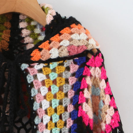 Granny Square Hand Crochet Mohair Hooded Long Cardigan