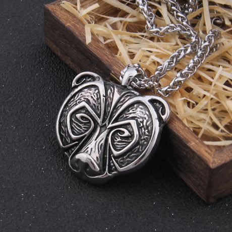 Stainless Steel Viking Bear Necklace Men's Gift with Wooden Box